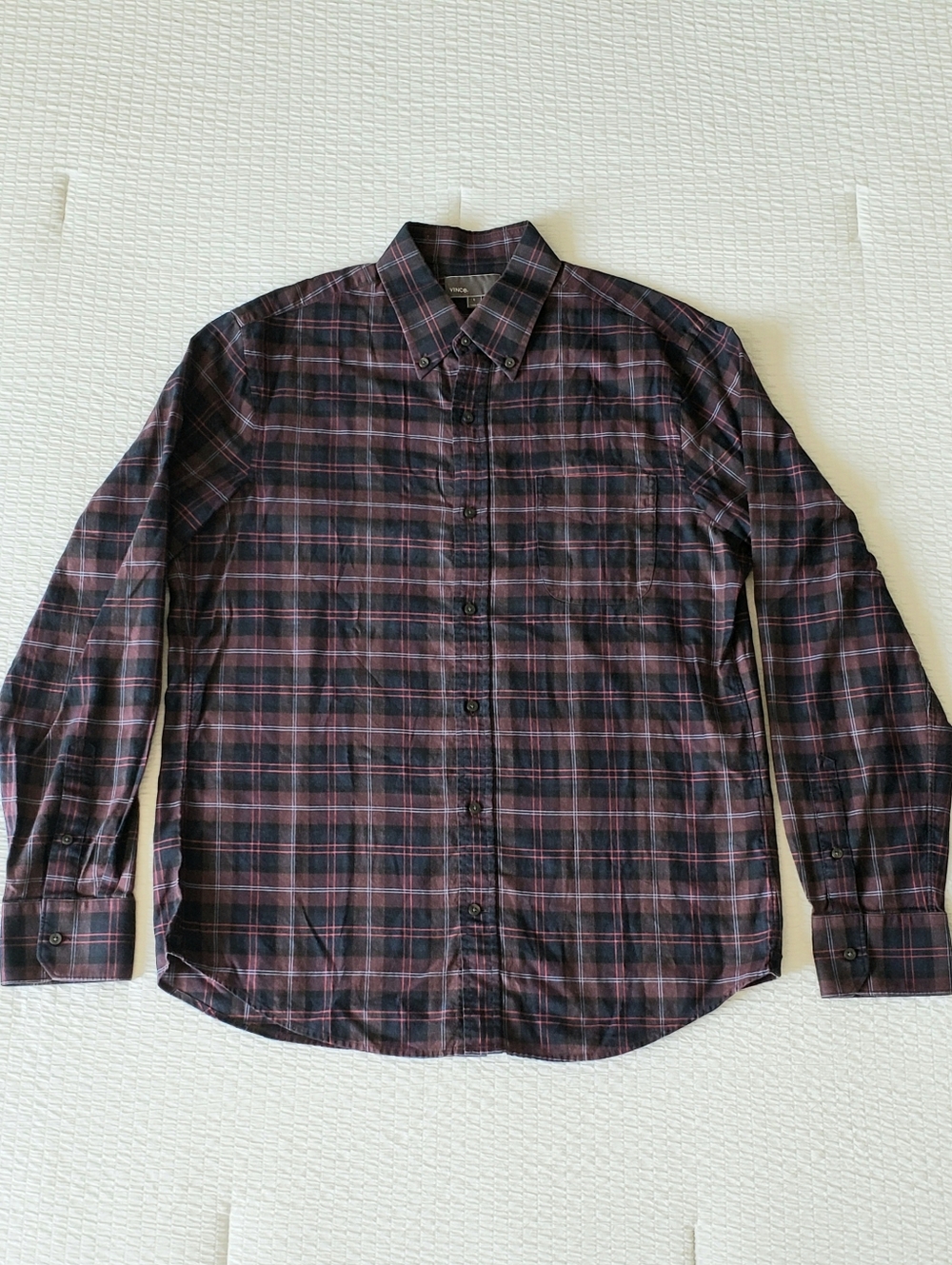 VINCE. Men's Plaid Cotton BD LS Pocketed Shirt (L) Navy/Plum